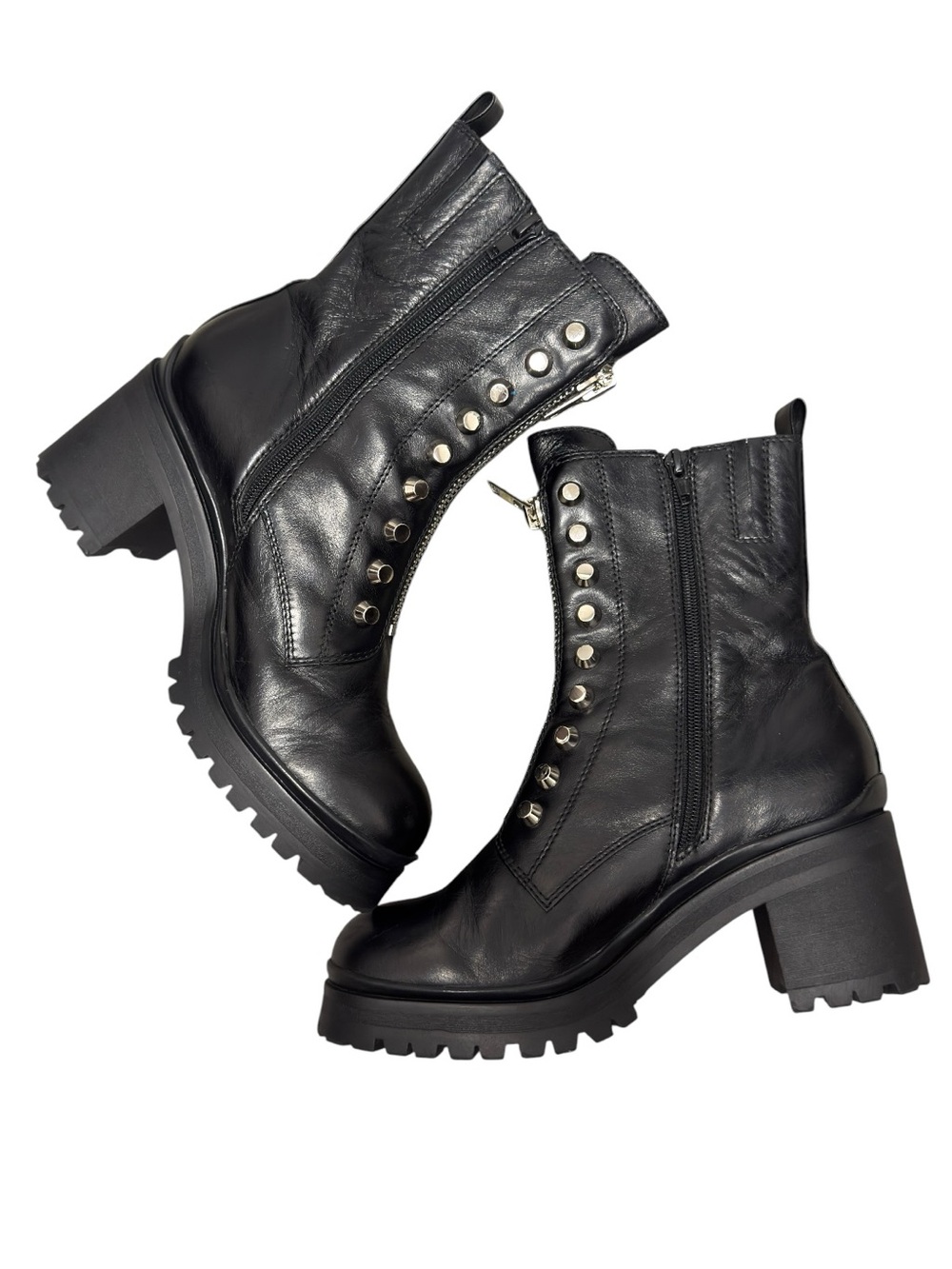 Tonette Combat Black Chunky Moto Edgy Leather Lug Sole Studded Platform Boots - Picture 5 of 17